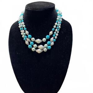 VTG Retro 1950s Japan Blue+Silver Tone Triple Strand 16L Beaded Lucite Necklace